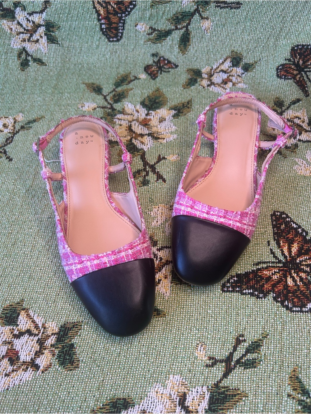 a new day Pink Tweed Slingback Flats with Black Cap-Toe